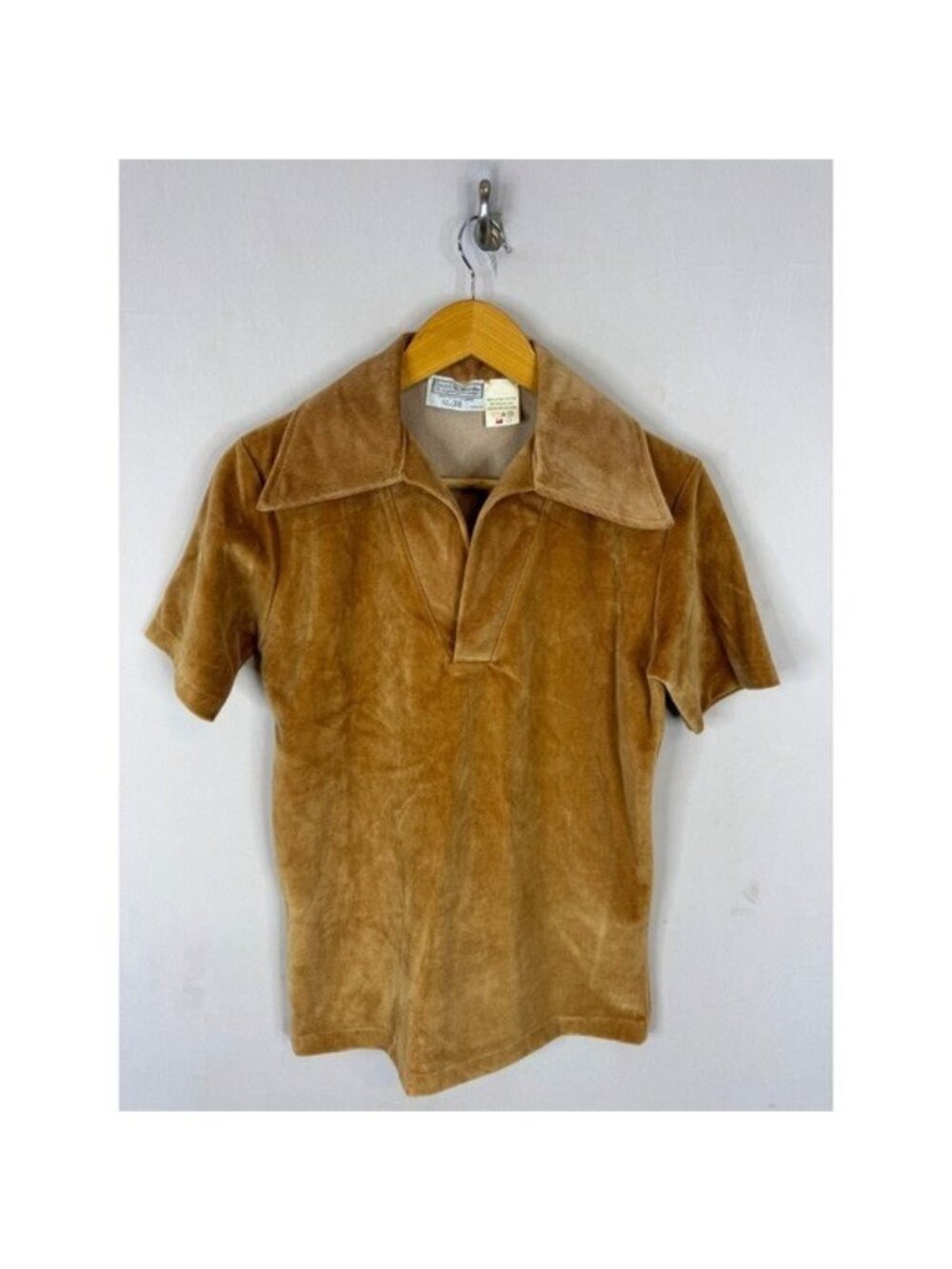 Vintage Sears Velour Polo Shirt Brown 70s Disco Collar Size 38